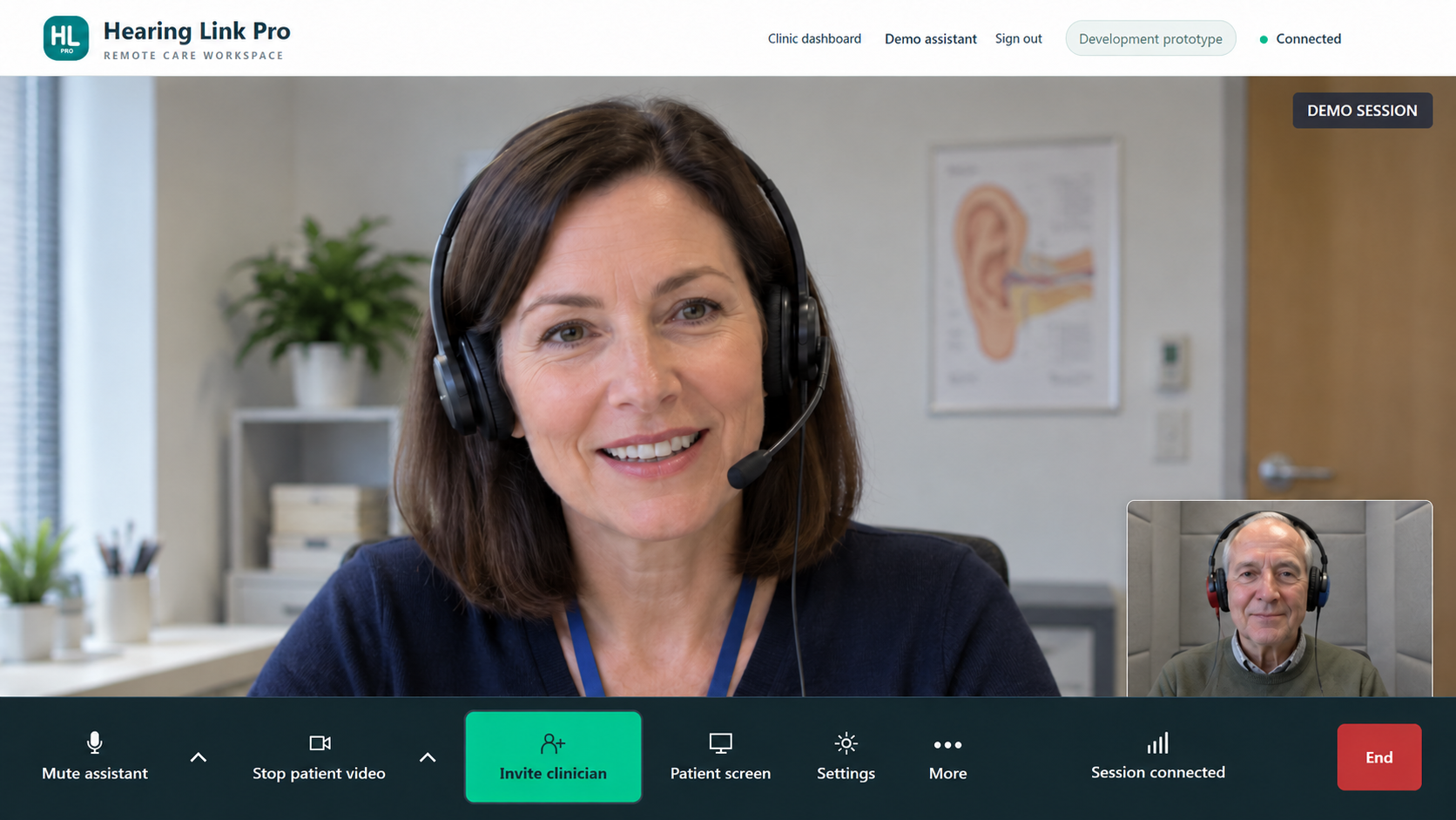 Staged assistant-view demo showing a remote clinician and a fictional patient wearing audiometric headphones